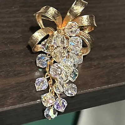 Vtg Unsigned Miriam Haskell Crystal Beads Dangle Gold Tone Ribbon Pin Brooch • $75