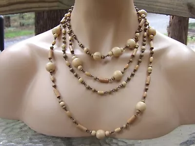 Vintage Wood Natural Beads Round Tubular Brass Super Long 90  Hippie Necklace • $12.95