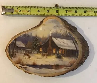 Vintage Winter Deer Cabin Print On Live Edge Wood Slice Black Forest Pa • $7.49