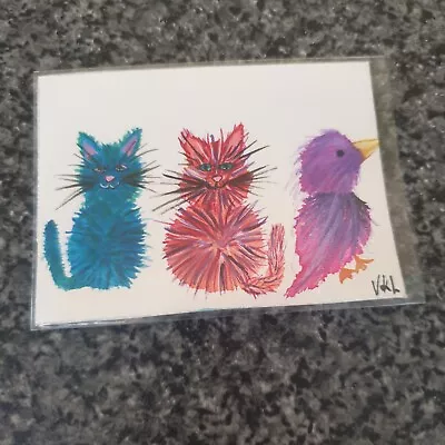 Aceo New Watercolour Cats With Bird New Original Work By Vicki  2024 Colourful • £3.50