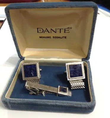 Vintage Dante Sodalite Mesh Wraparound Cufflinks & Tie Bar Original Box • $7