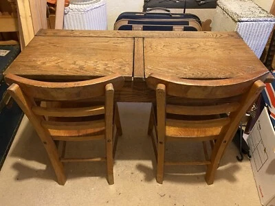 £100 • Buy Antique Vintage Children’s Wooden Double School Desk With 2 Wooden Chairs