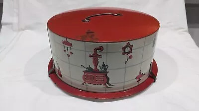 1950s Decoware Metal Cake Carrier With Vintage Kitchen Motif In Red & White CUTE • $26