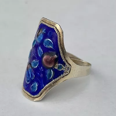 Hand Painted Sterling Silver Cobalt Blue Cloisonne Enamel Ring Size 9 Adjustable • $52.50