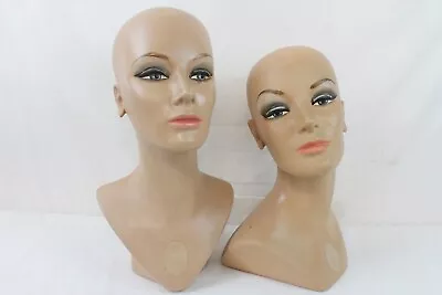 2 Vintage Fiberglass Mannequin Bust Head Wig Painted Eyes Halloween Rare Girl • $109.99