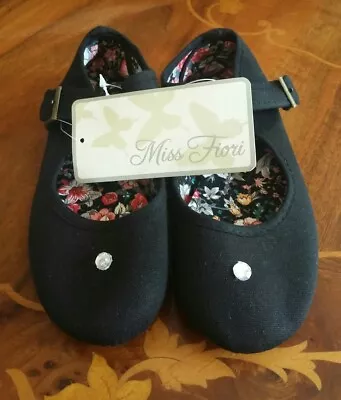 Miss Fiori Girls Black Flat Canvas Summer School Shoes Diamante Front Size 12 • £5.99