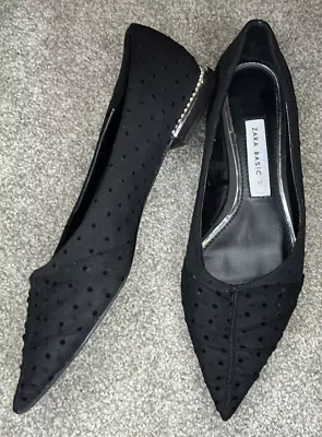 Zara Basic Black Polka Dots Mesh Lace Jeweled Ballerina Flats Women Size 37/6.5? • $21