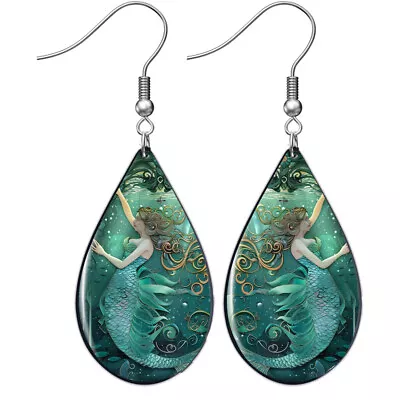 Mermaid Earrings Fantasy Watecolor Art Print Dangle Drop Teardrop Sterling • $12.95