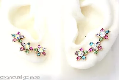 New Gold Ear Cuff Pins Trails Up Lobe Earrings Wrap Pair Flower Vine Crystals • $15.27