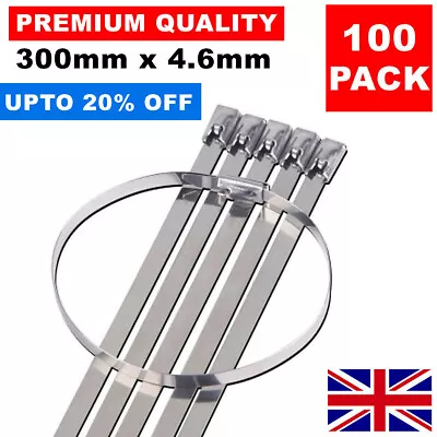 100 X 300MM X 4.6MM STAINLESS STEEL METAL CABLE TIES WRAP HEAT EXHAUST ZIP TIE • £7.85