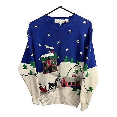 Vintage Sharon Young Sweater Small Christmas Snow Cabin Snowman Stars All Over • $23.17