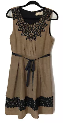 Anthropologie A’Reve Brown Tweed Sz Medium Dress W/ Black Crochet And Tie Belt • $10.99