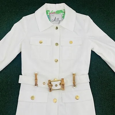 Milly Of New York Jacket Women’s Size 4 White Gold Buttons Bamboo Belt • $54.95