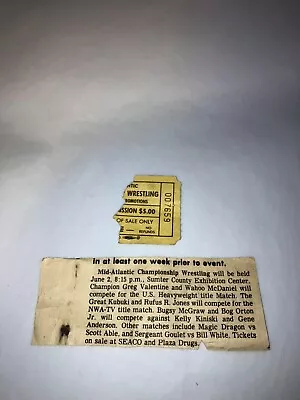 Original 1980's NWA Mid-Atlantic Wrestling Ticket Stub W/ Newspaper Clipping WWE • $29.99