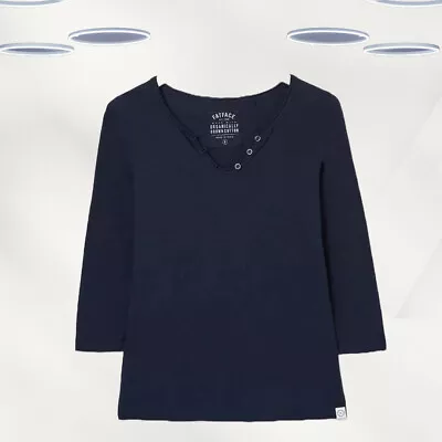 Ex Fat Face Women’s 3/4 Sleeve Button Detailing Organic Cotton T Shirt In Navy • £15.99