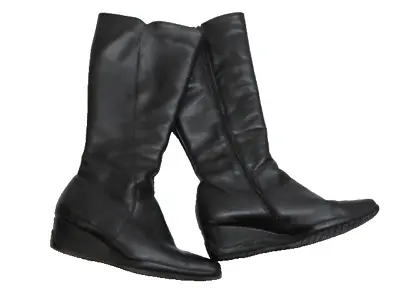 Mephisto Black Wedge Heel Comfort Calf High Leather Boots Women's Size 8 • $89.99