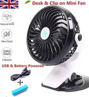 Rechargeable Mini USB Desk Fan Portable Table Clip Fan 3 Speed Small Cooling Fan • £8.99