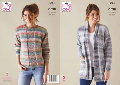 KING COLE Knitting Pattern Aran Women Ladies Sweater Cardigan 32-44ins -5801 • £4.97