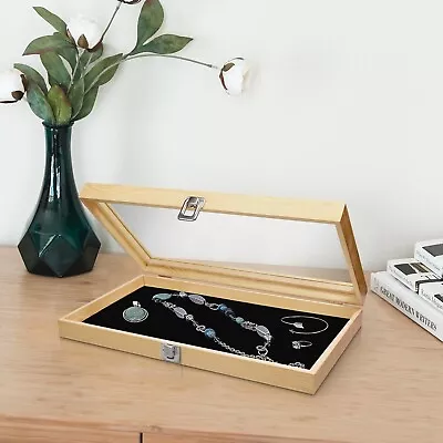 Neuxi Wooden Jewelry Display Case W/ Tempered Glass Top & Black Velvet Pad • $19.99