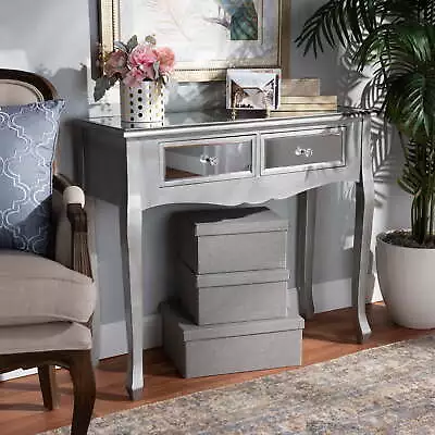 Modern French Brushed Silver Finished Wood Mirrored Glass 2-Drawer Console Table • $168.82
