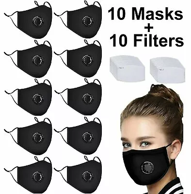 10 Pcs Unisex Face Masks 100% Cotton Reusable Washable Mask With Valve • $16.05