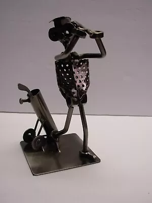 Golfer Statue Metal Art Nuts Bolts Golf Club Bag Scrap Metal 7  Figurine Solid • $12.99