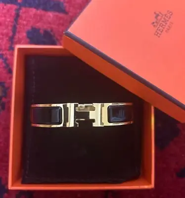 HERMES Clic Clac H Bracelet Bangle Black Enamel Gold Plated Size PM With Box • $659.77