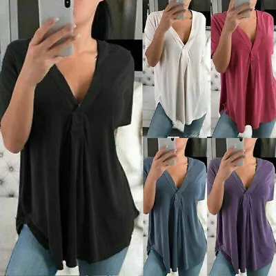 $17.38 • Buy Womens Short Sleeve V Neck Casual Loose T-Shirt Solid Shirt Tunic Tops Plus Size