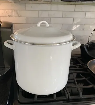 Vintage Farmhouse White Enamelware Silver Trim Stock Pot With White Handles • $38