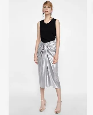 Zara Metallic Silver Look Draped Midi Skirt Size Small BNWOT • £30
