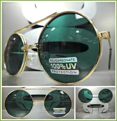 Classic Vintage 60's Retro Style Round Flip Up SUN GLASSES Gold Frame Green Lens • $19.99