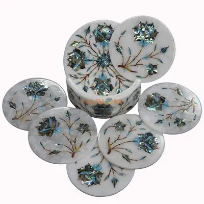 Abalone Shell White Coaster Set Floral Inlay Dining Table Decor Kitchen Decor • $457.07