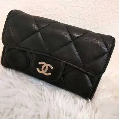 $237 • Buy Beautiful! Chanel Matelassé Key Holder Case Black Labmskin Leather 