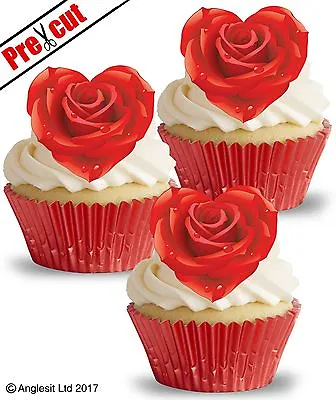 Pre-cut Rose Hearts Edible Wafer Paper Cup Cake Valentines Toppers Decorations • £3.99