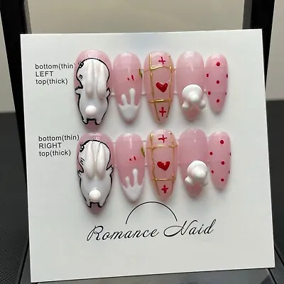 Easter Hand Painted With Bunny Heart Pink Fake/False Nails -Size S Reusable • £6.99