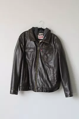 Levi’s Brown Leather Hoodie Jacket Sz XL. Faux Leather Sherpa-Lined Biker Jacket • $50