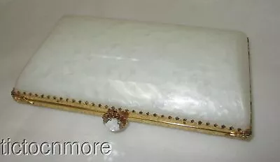 Vintage Mod Pearl Marble Lucite Golden Filigree Jeweled Knob Clutch Box Purse • $19.99