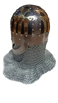 Ancient Roman Warrior Battle Helmet With Chainmail Curtain And Brass Design. • $130