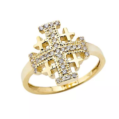 Solid Gold Diamond  Jerusalem Cross Ring  In (Yellow White Rose) • $359.99