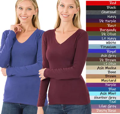 $8.99 • Buy (Zenana Outfitters) V-Neck Long Sleeve T Shirt Basic Plain Solid Cotton Spandex