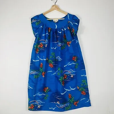 Made In Hawaii Vintage Hawaiian Dress Mumu Midi Blue Tropical Floral Womens 10 • $21.99