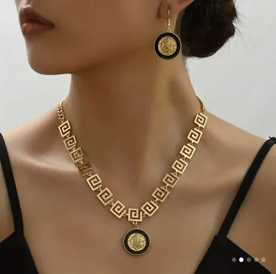 Lion Pendant Cuban Link Chain Necklace Earring Set Gold Chunky  Statement Hip • £8.99
