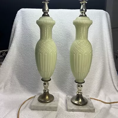 Vintage Green Satin Art Glass Table Lamp Rare Marble Base • $119.99