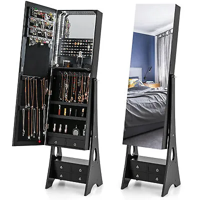 Jewelry Cabinet Armoire Full Length LED Mirror W/ 6 Drawers & Makeup Shelf Black • $148.99