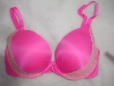 Victoria's Secret Fabulous Pink Satin Lace Trim Plunge Cream Filled Cups Bra 34D • $8.99