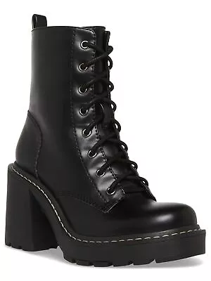 MADDEN GIRL Womens Black Up Pull Tab Lion Round Toe Block Heel Combat Boots 5 M • $34.99