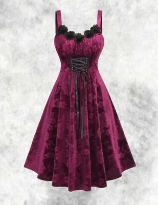 New Wine Red Gothic Velvet Rose Pattern Corset Knee Length Dress 5XL 26 28 30 • £34.99