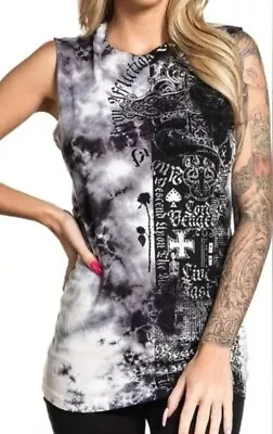 Affliction Women's DESTROY LA White Black Grey Tank Top In Size LARGE NWT • $54.33