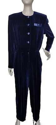 Vintage Liz Claiborne Midnight Blue Velvet Silk Blend Jumpsuit Catsuit • $95