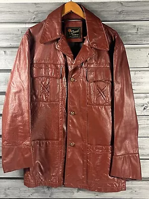 Vintage Reed 100% Brown Leather Western Disco Hippie Trench Coat Jacket Mens M • $39.99